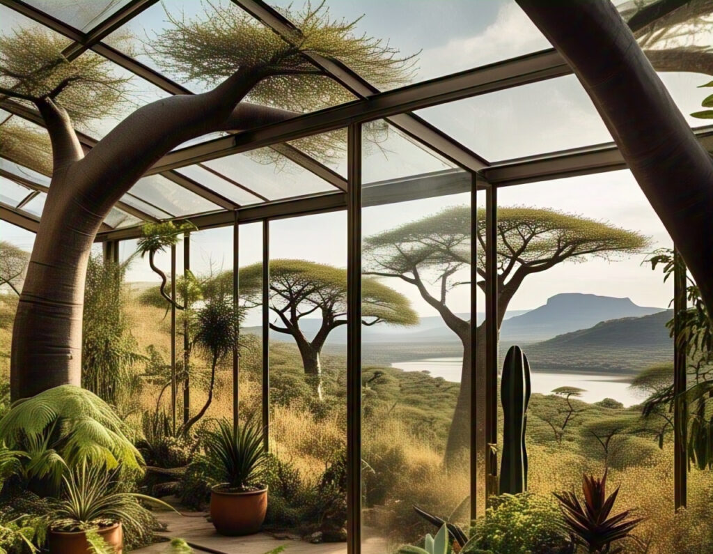 "Eco-friendly landscape with glass greenhouse and acacia trees"